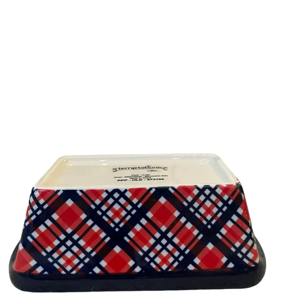 Temptations by Tara Mini Ceramic Loaf Pan w/ Lid 12oz Holiday Plaid Bakeware NEW